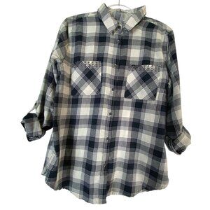 Blue & White Plaid Flannel Button Up Shirt Studded Xl Western Prairie Ranch‎ Y2K